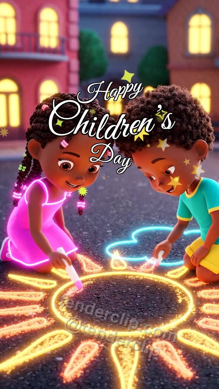 Animated greeting card about Happy Children’s Day: children draw a sun with chalk