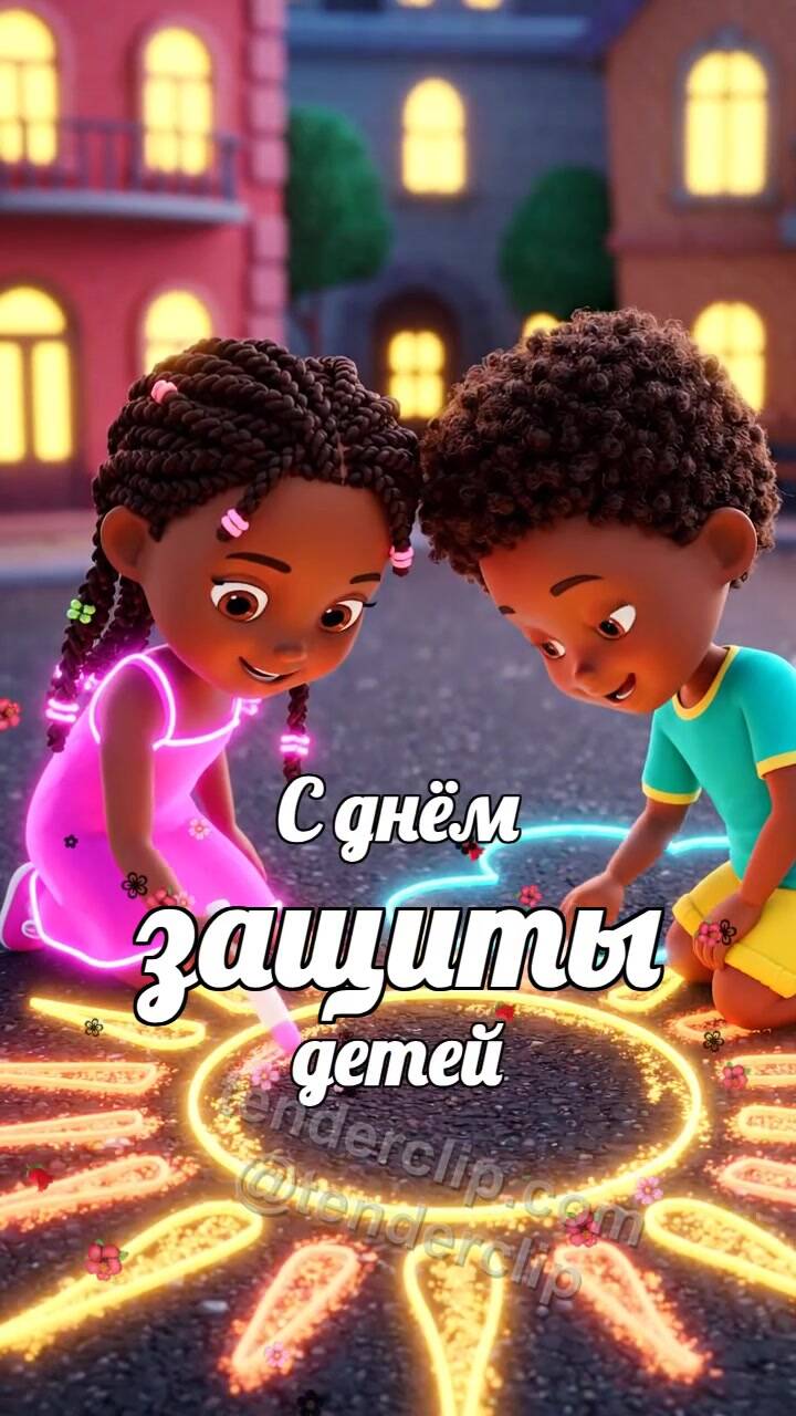 Анимационная открытка на тему С днём защиты детей: дети рисуют солнце мелом