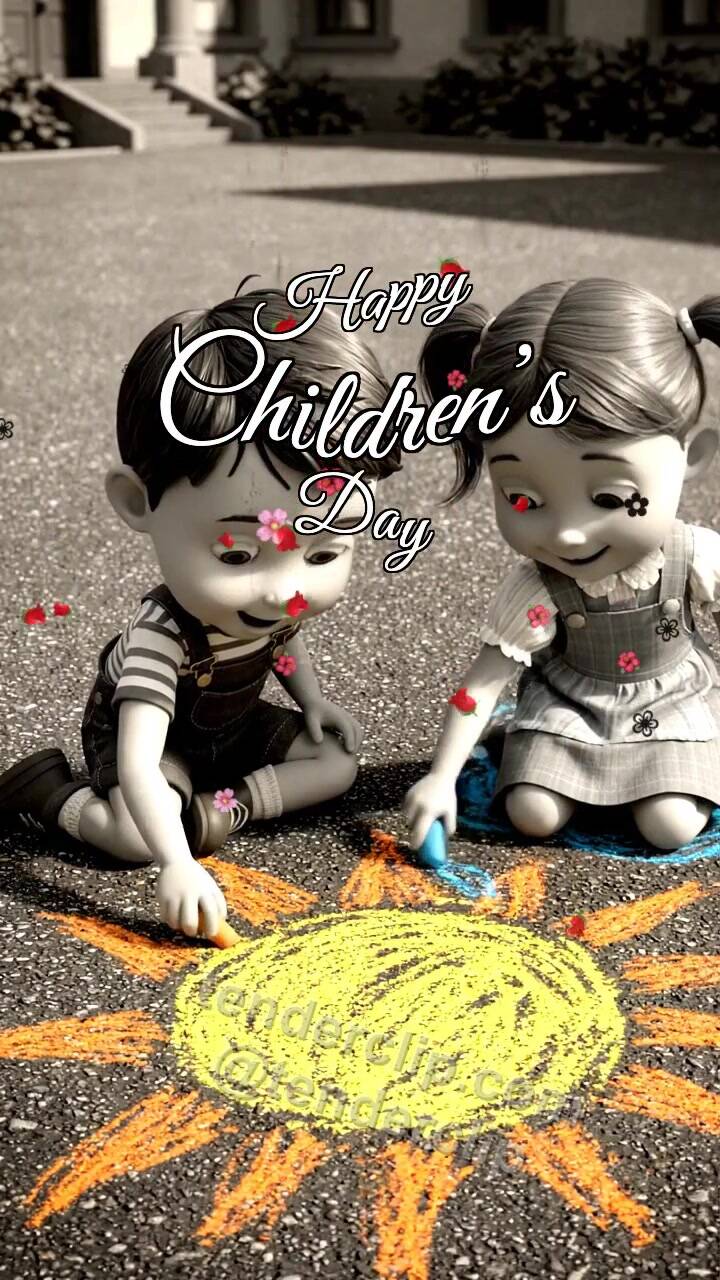 Animated greeting card about Happy Children’s Day: children draw a sun with chalk