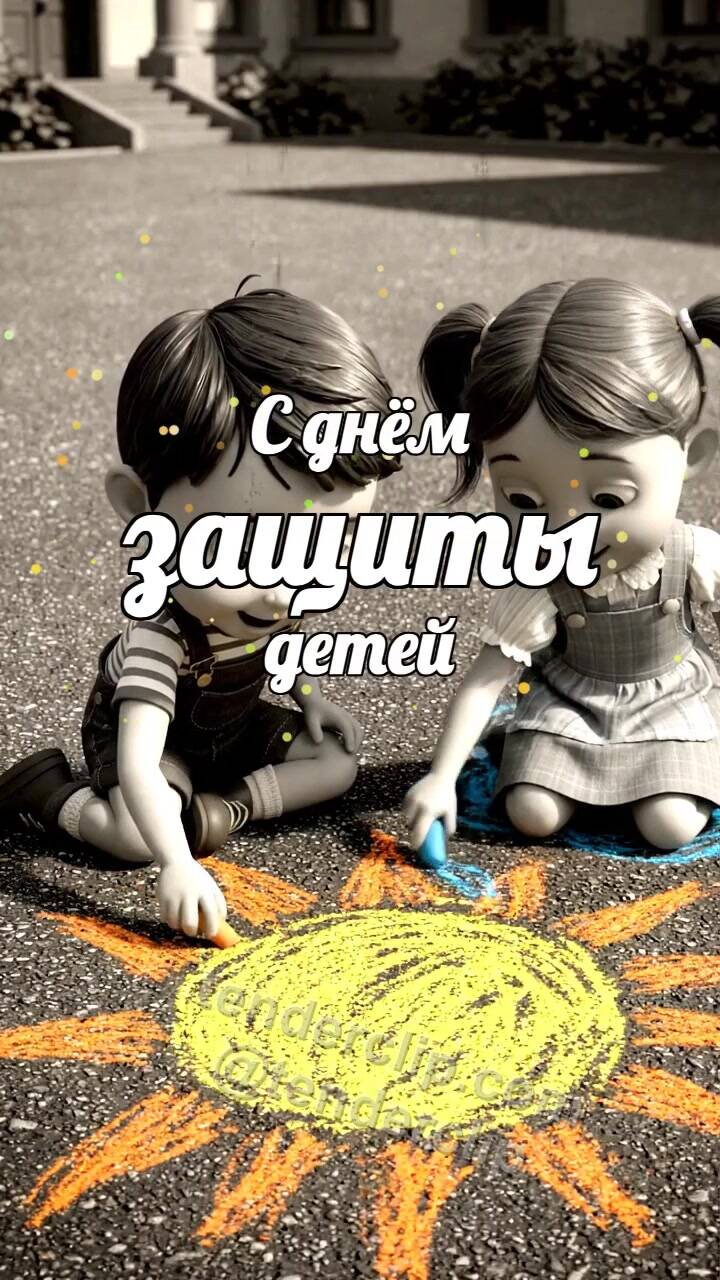 Анимационная открытка на тему С днём защиты детей: дети рисуют солнце мелом