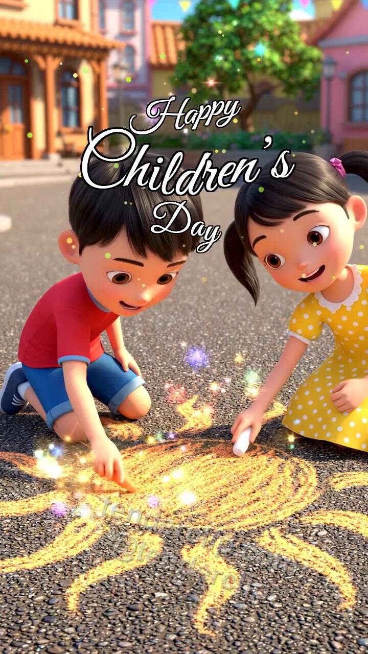 Animated greeting card about Happy Children’s Day: children draw a sun with chalk