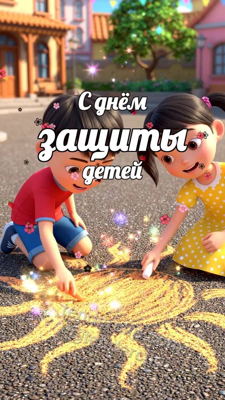 Анимационная открытка на тему С днём защиты детей: дети рисуют солнце мелом