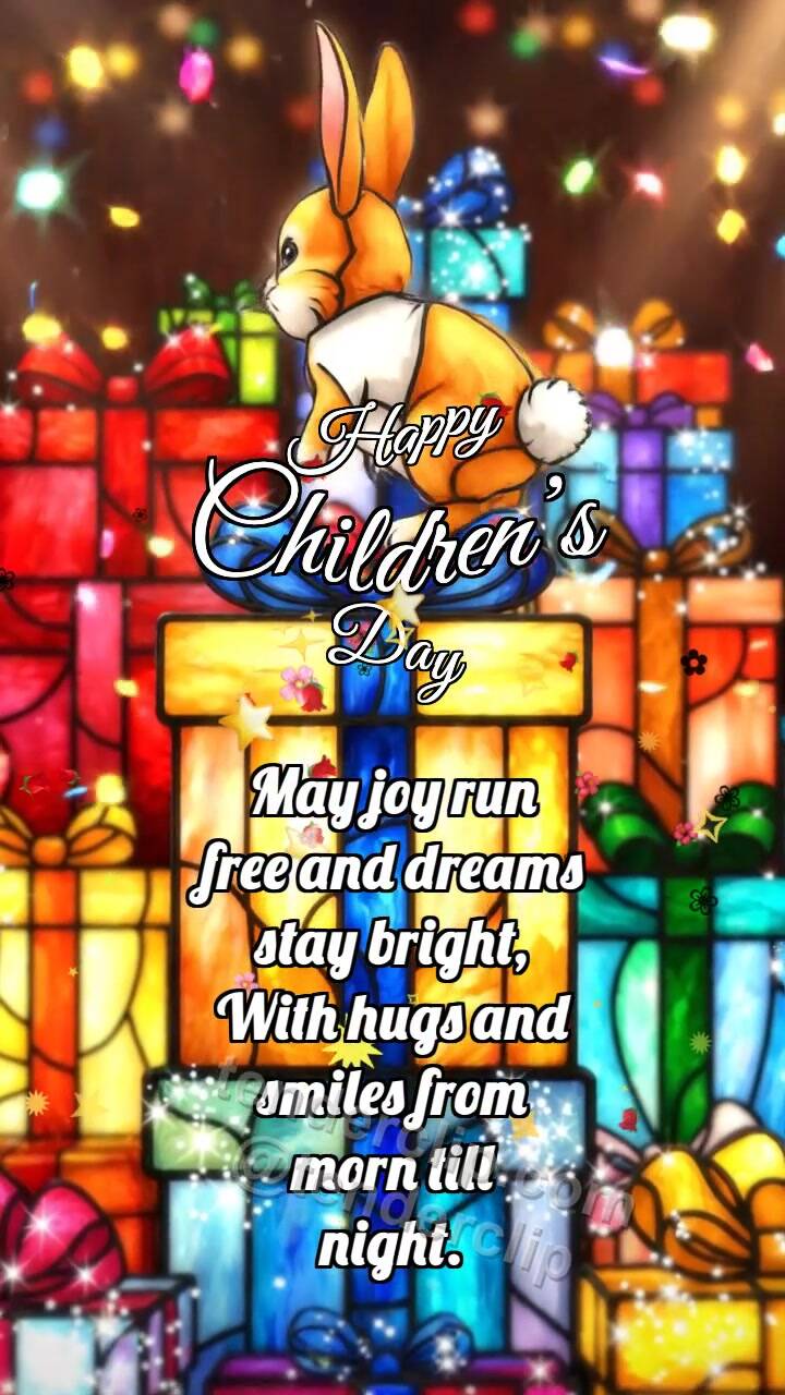 Animated greeting card about Happy Children’s Day: Bunny On Toy Gifts