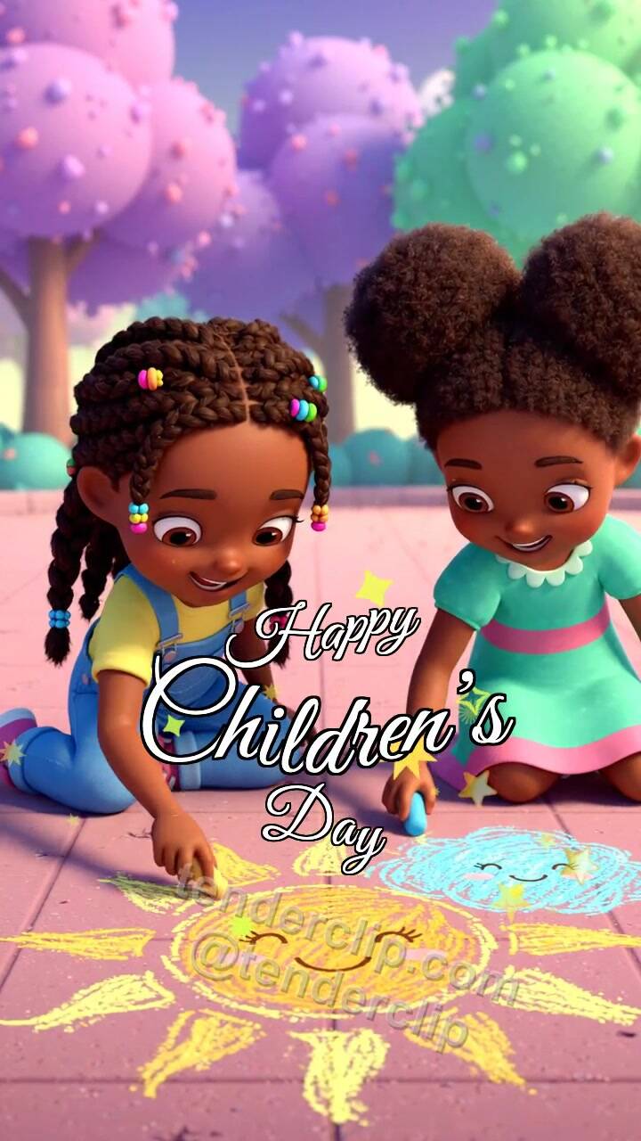 Animated greeting card about Happy Children’s Day: children draw a sun with chalk