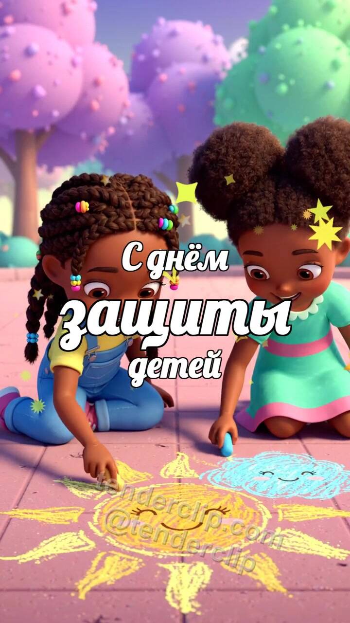 Анимационная открытка на тему С днём защиты детей: дети рисуют солнце мелом