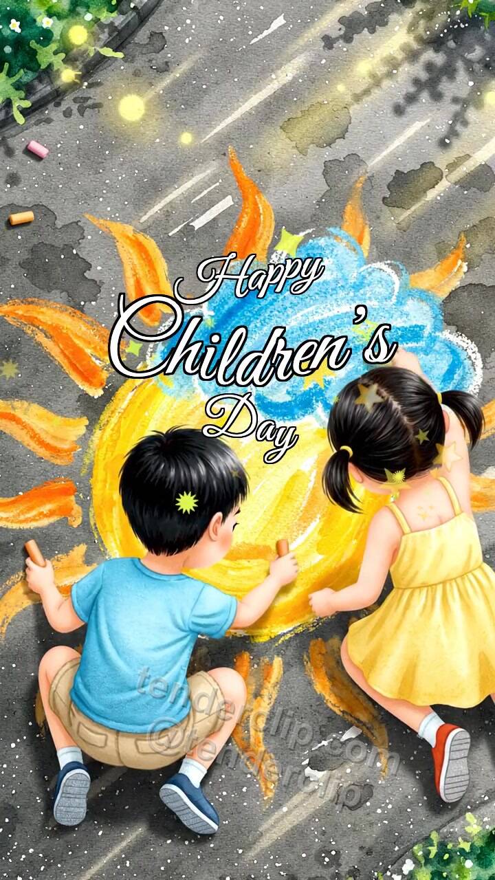 Animated greeting card about Happy Children’s Day: children draw a sun with chalk