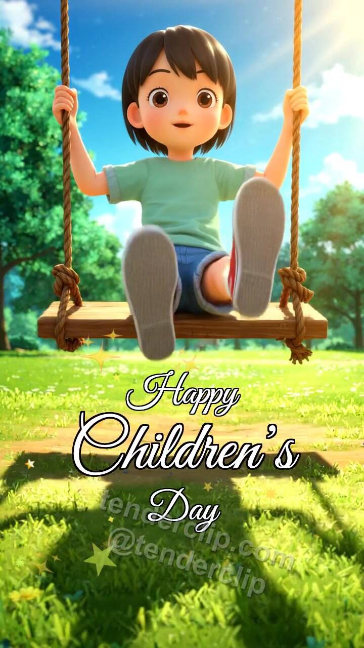 Animated greeting card about Happy Children’s Day: child swings on a playground swing