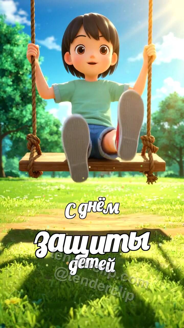 Анимационная открытка на тему С днём защиты детей: ребёнок качается на качелях