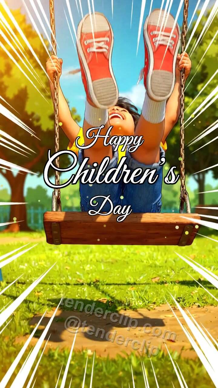 Animated greeting card about Happy Children’s Day: child swings on a playground swing