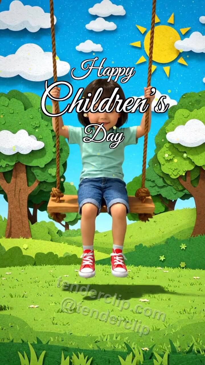 Animated greeting card about Happy Children’s Day: child swings on a playground swing