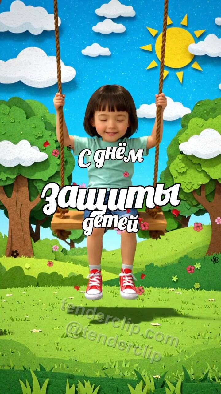 Анимационная открытка на тему С днём защиты детей: ребёнок качается на качелях
