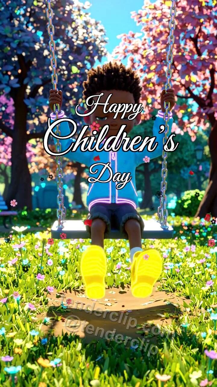 Animated greeting card about Happy Children’s Day: child swings on a playground swing