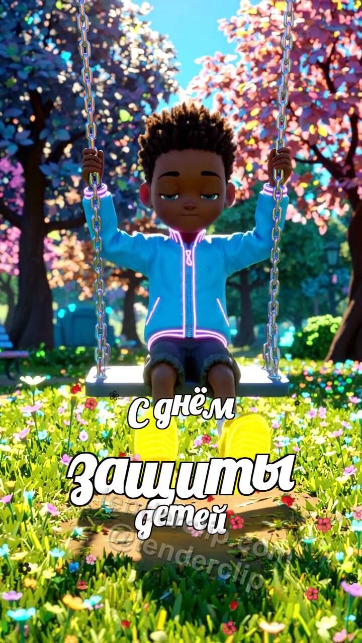 Анимационная открытка на тему С днём защиты детей: ребёнок качается на качелях