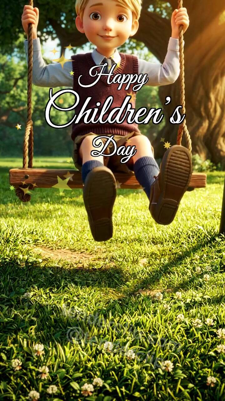 Animated greeting card about Happy Children’s Day: child swings on a playground swing