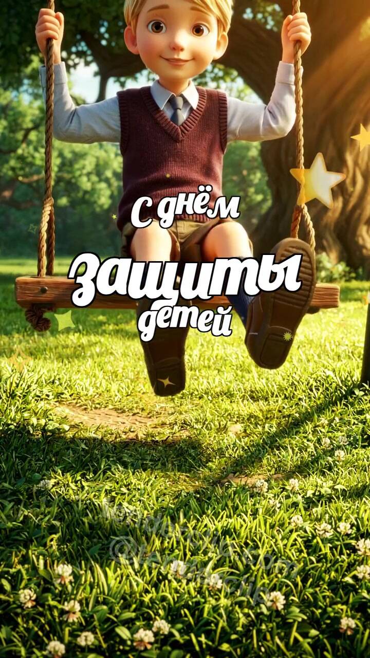 Анимационная открытка на тему С днём защиты детей: ребёнок качается на качелях