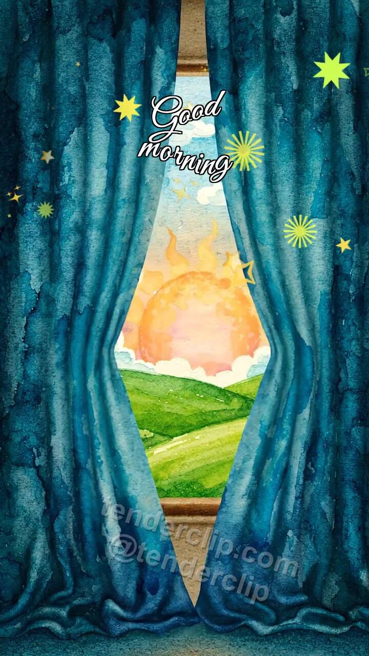 Animated greeting card about Good morning: curtain opens to sun