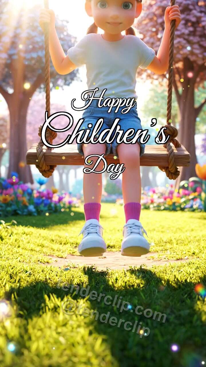 Animated greeting card about Happy Children’s Day: child swings on a playground swing