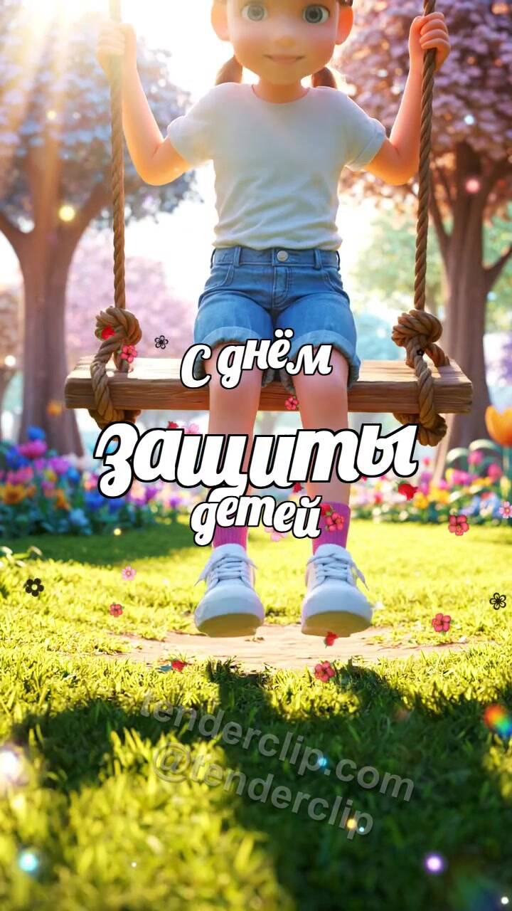 Анимационная открытка на тему С днём защиты детей: ребёнок качается на качелях