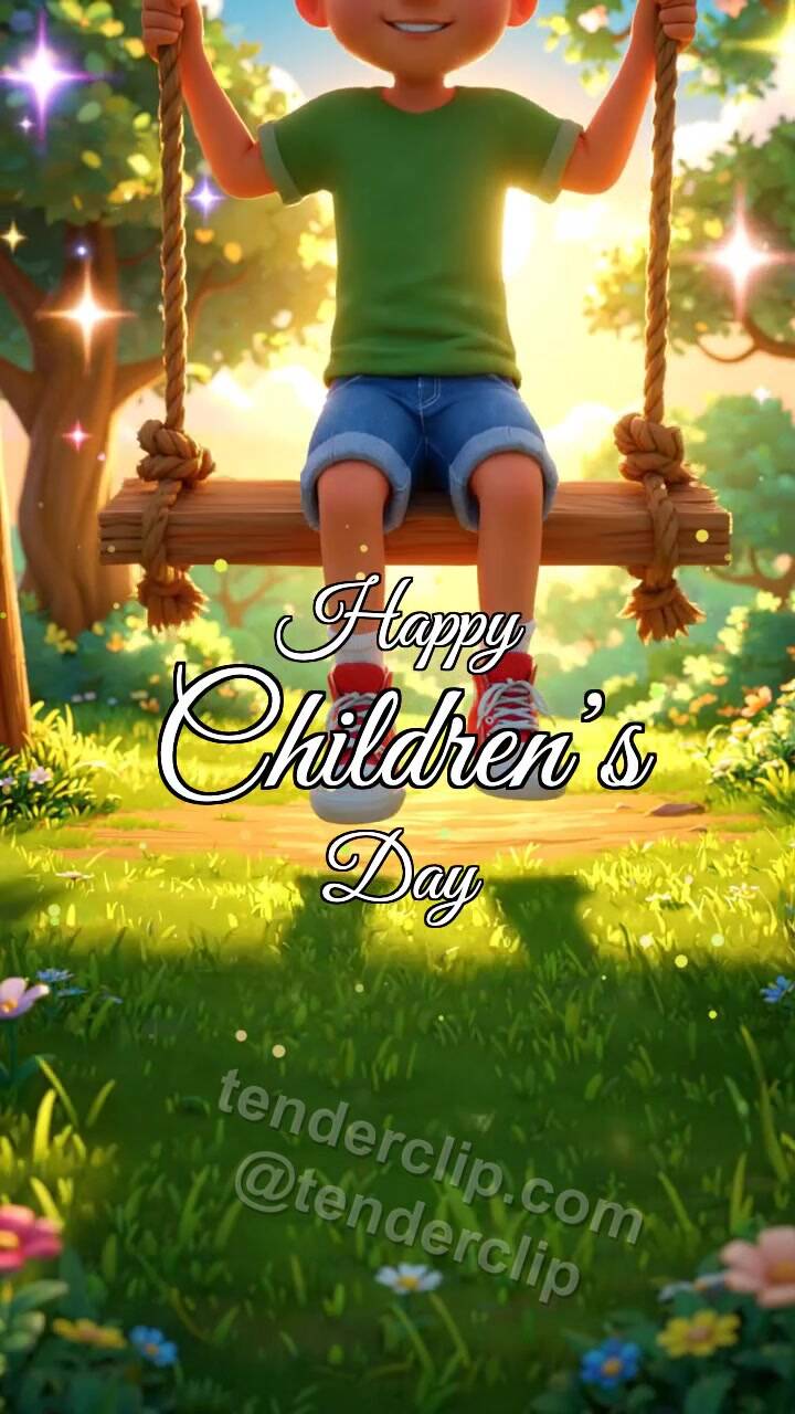 Animated greeting card about Happy Children’s Day: child swings on a playground swing