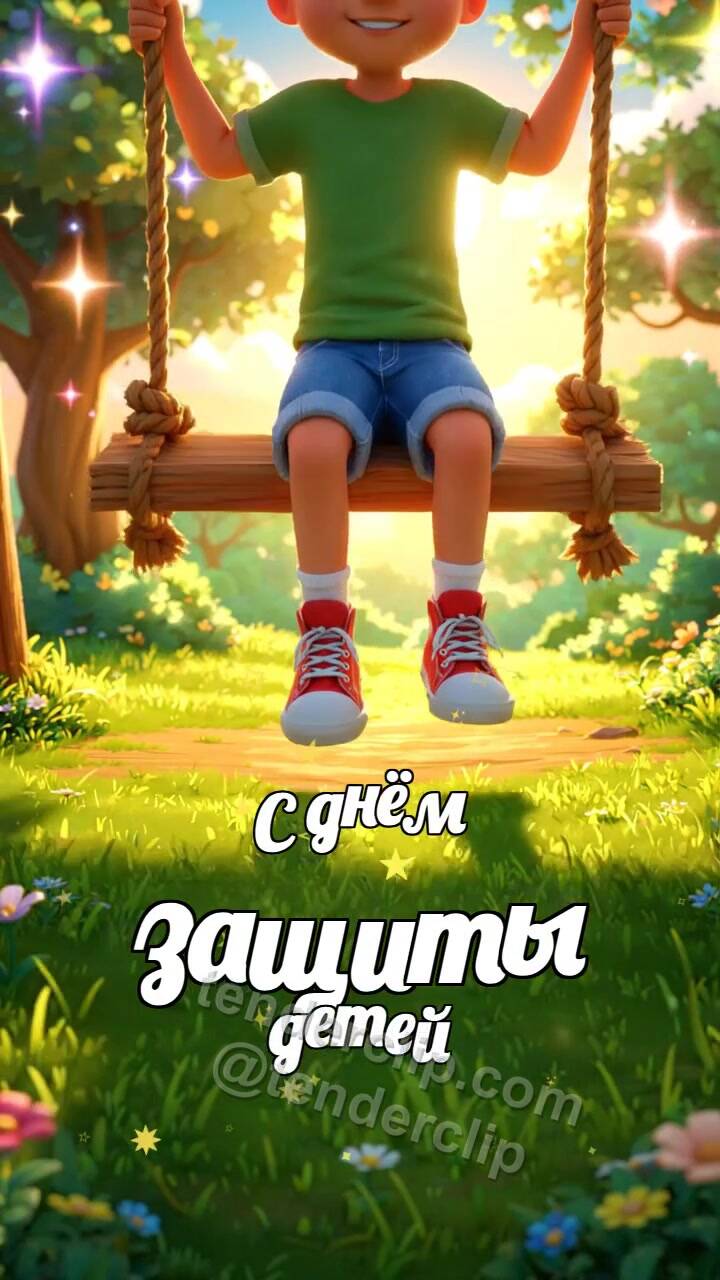 Анимационная открытка на тему С днём защиты детей: ребёнок качается на качелях