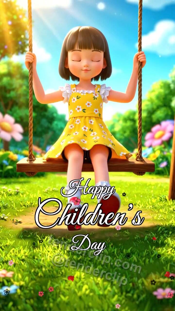 Animated greeting card about Happy Children’s Day: child swings on a playground swing