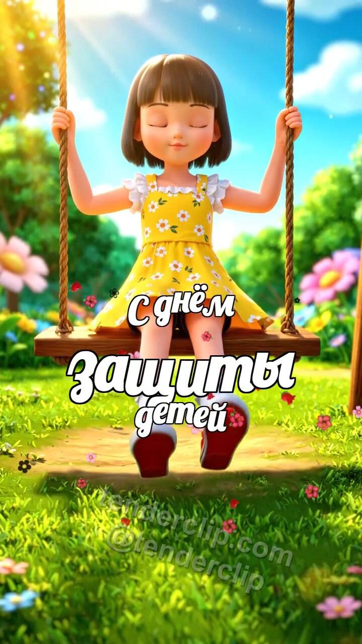 Анимационная открытка на тему С днём защиты детей: ребёнок качается на качелях