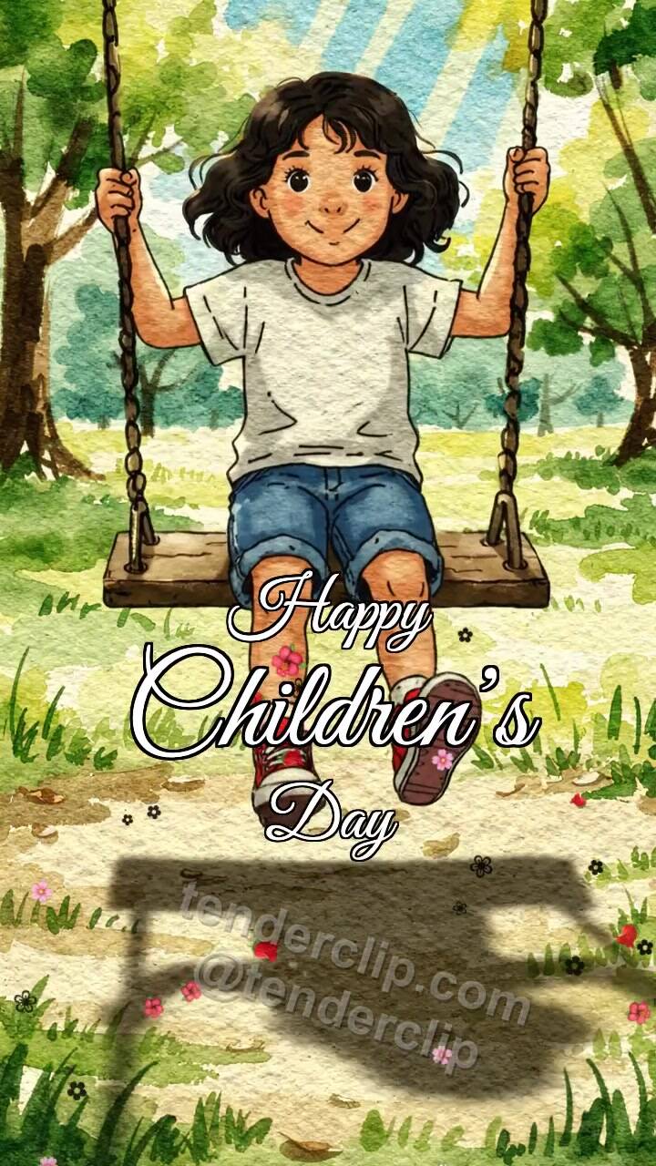 Animated greeting card about Happy Children’s Day: child swings on a playground swing