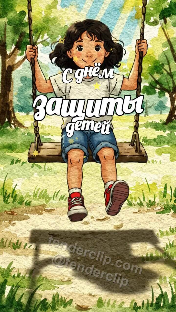 Анимационная открытка на тему С днём защиты детей: ребёнок качается на качелях