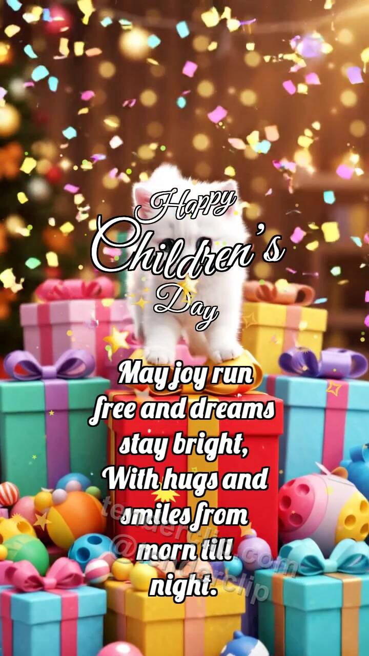 Animated greeting card about Happy Children’s Day: Kitten On Toy Gifts