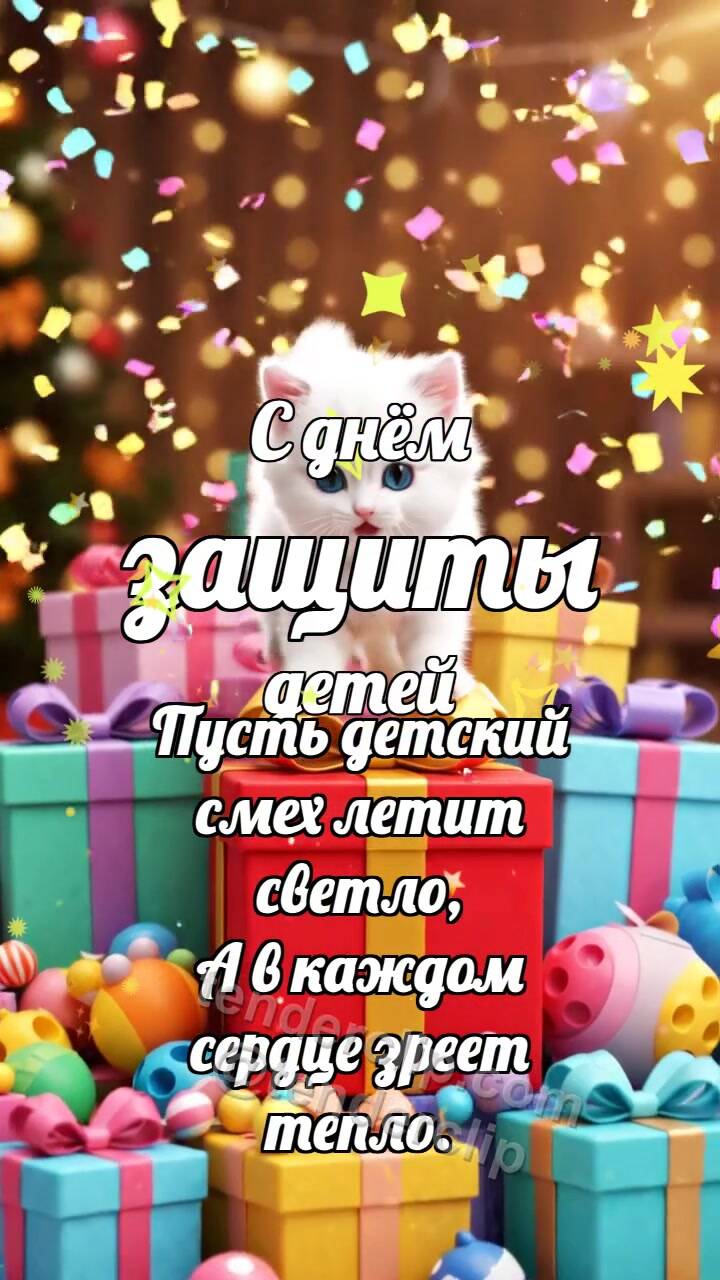 Анимационная открытка на тему С днём защиты детей: Котёнок на горке подарков