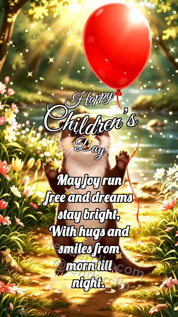 Animated greeting card about Happy Children’s Day: Otter Holds Balloon