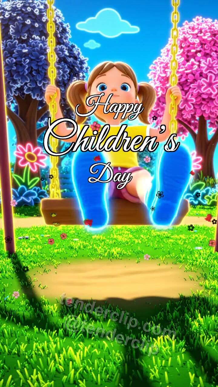 Animated greeting card about Happy Children’s Day: child swings on a playground swing
