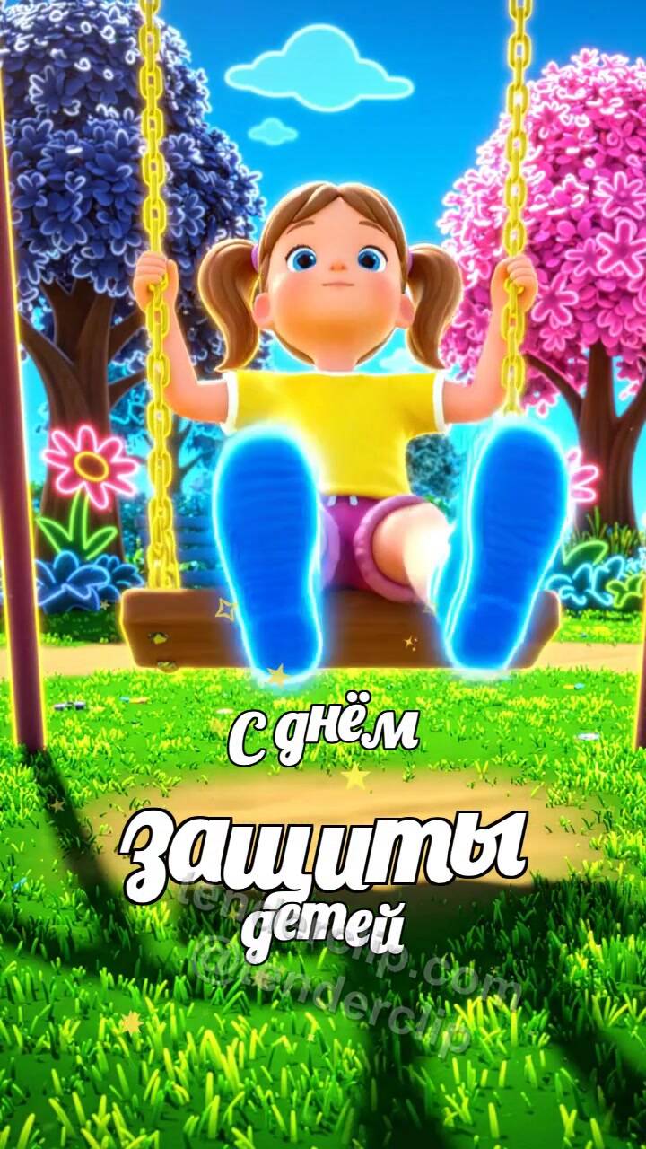 Анимационная открытка на тему С днём защиты детей: ребёнок качается на качелях