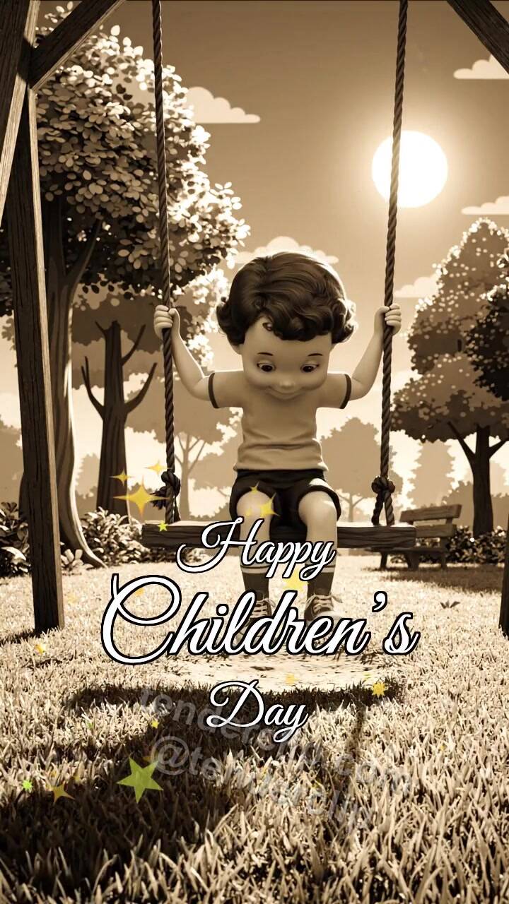 Animated greeting card about Happy Children’s Day: child swings on a playground swing