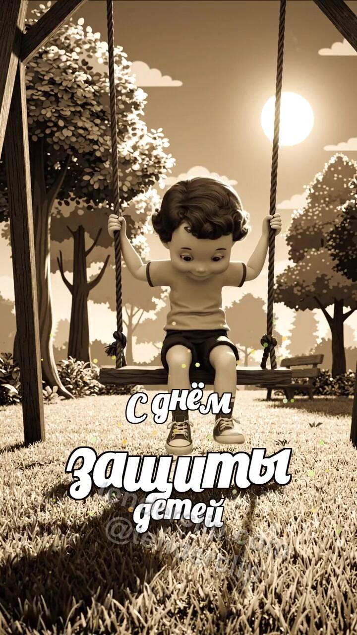 Анимационная открытка на тему С днём защиты детей: ребёнок качается на качелях