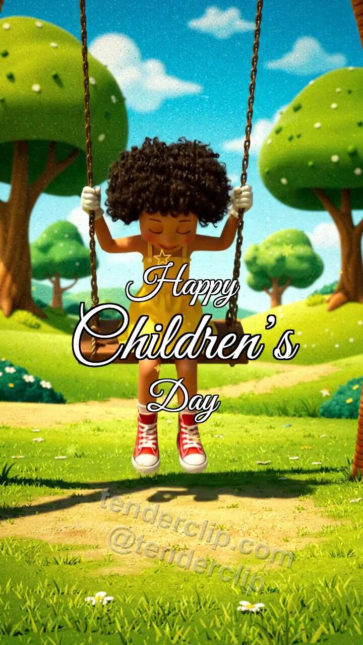 Animated greeting card about Happy Children’s Day: child swings on a playground swing