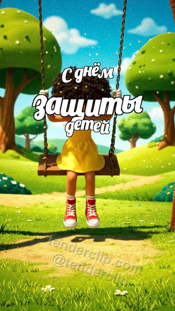 Анимационная открытка на тему С днём защиты детей: ребёнок качается на качелях