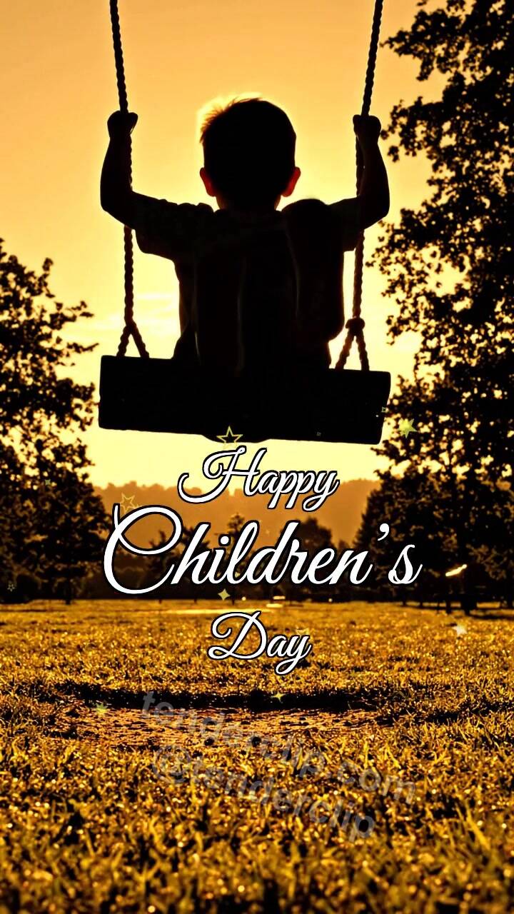 Animated greeting card about Happy Children’s Day: child swings on a playground swing