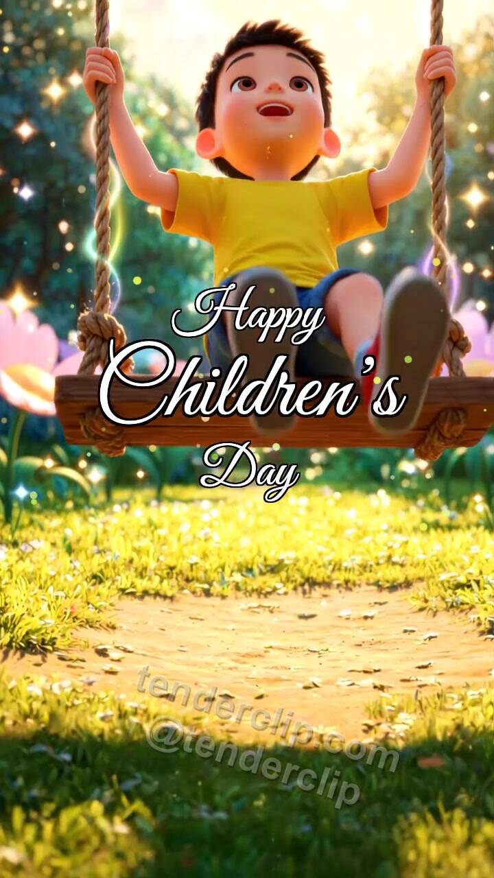 Animated greeting card about Happy Children’s Day: child swings on a playground swing