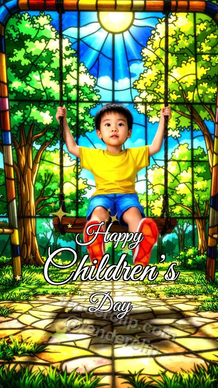 Animated greeting card about Happy Children’s Day: child swings on a playground swing