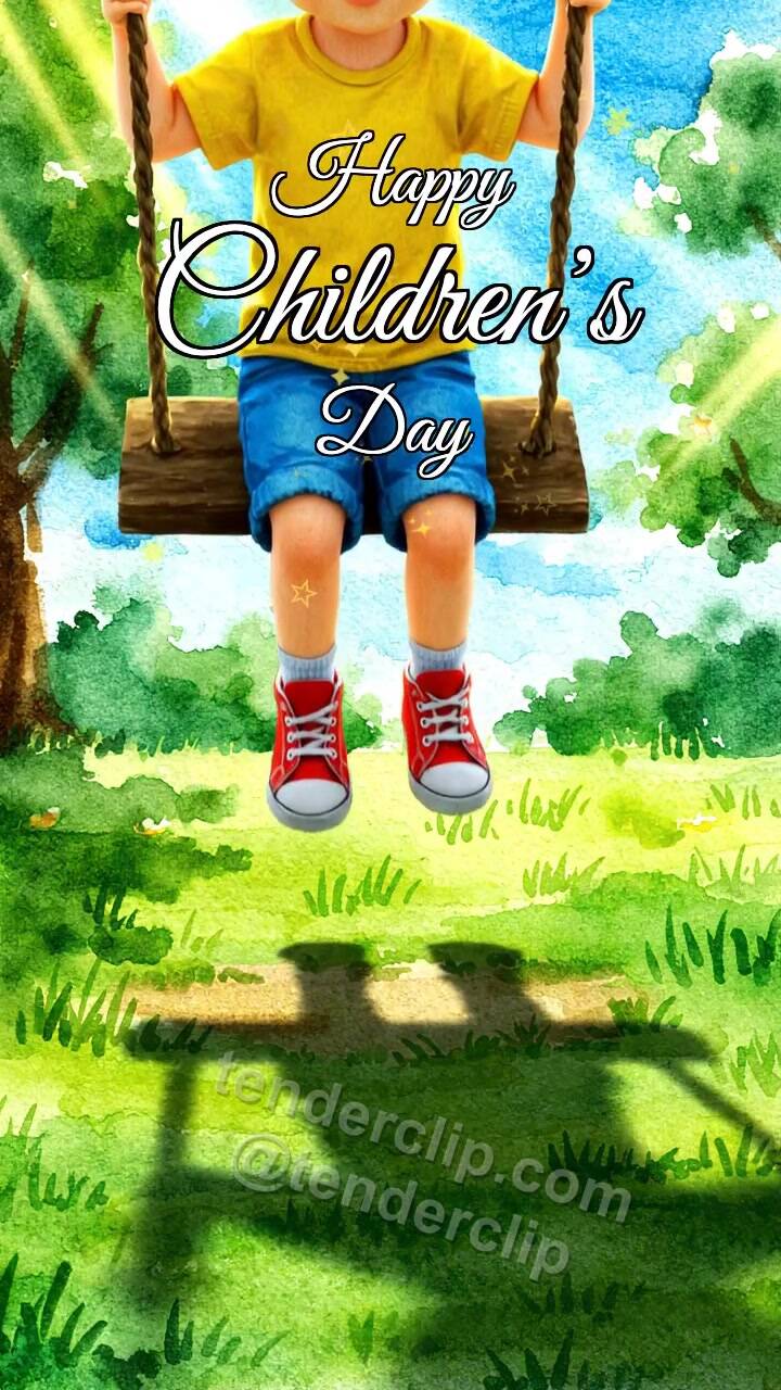 Animated greeting card about Happy Children’s Day: child swings on a playground swing