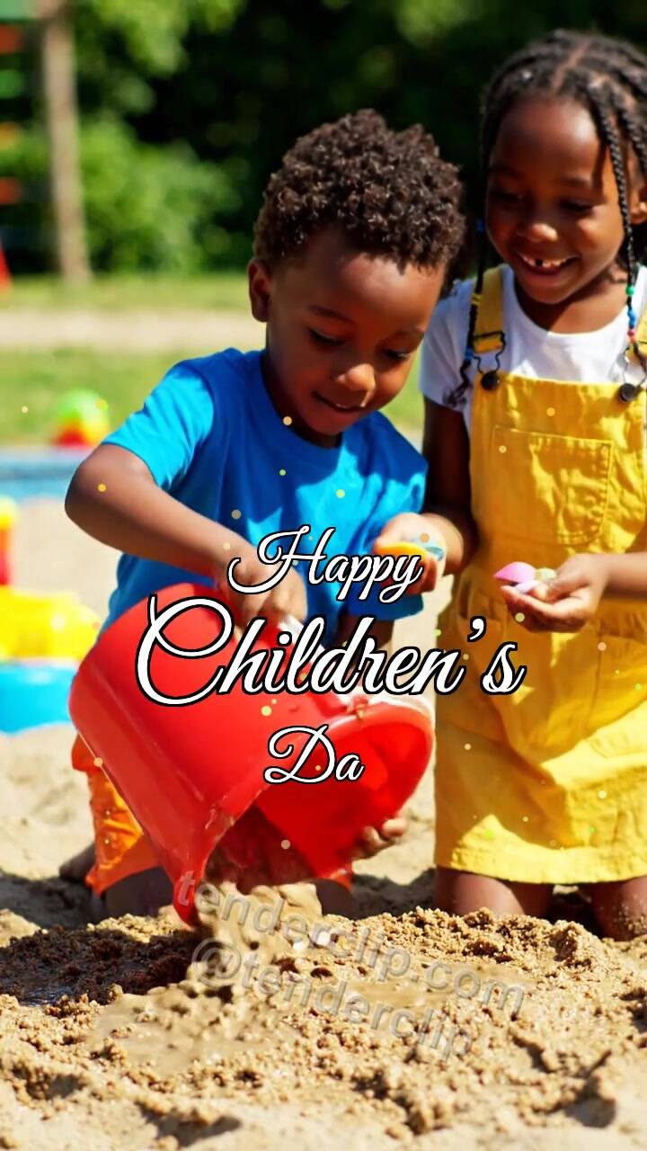 Animated greeting card about Happy Children’s Day: children build a sandcastle