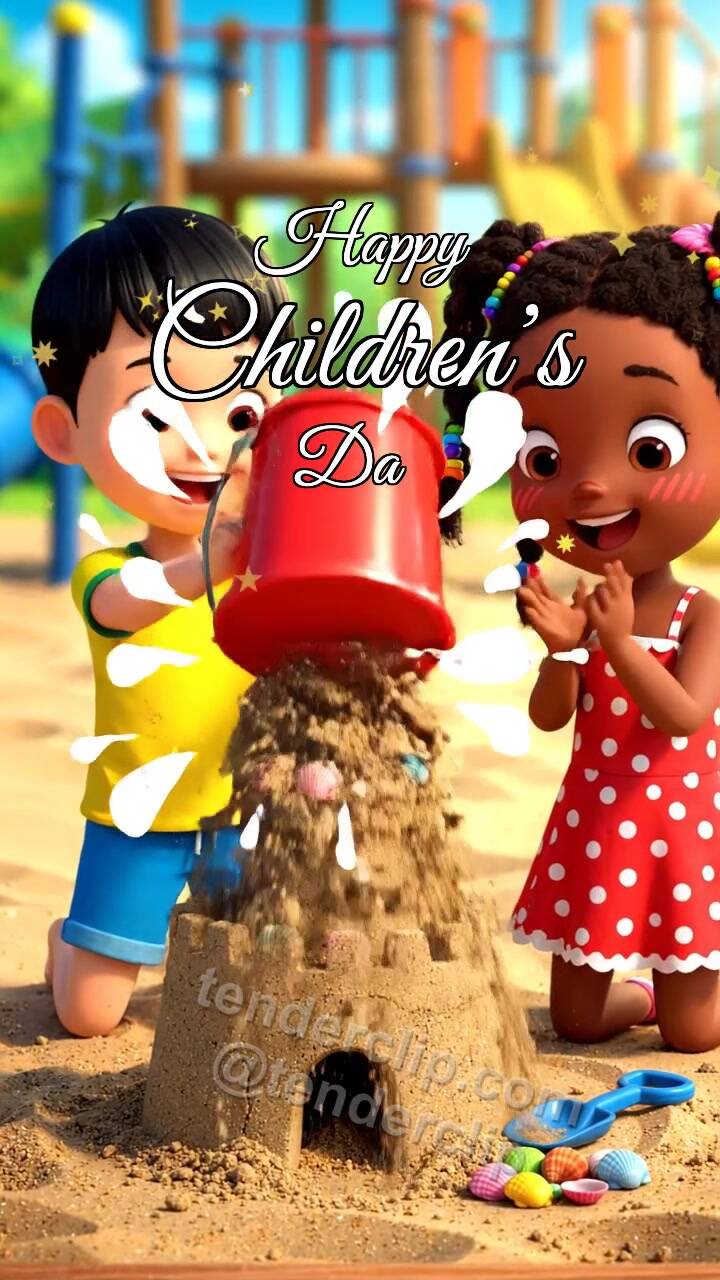 Animated greeting card about Happy Children’s Day: children build a sandcastle