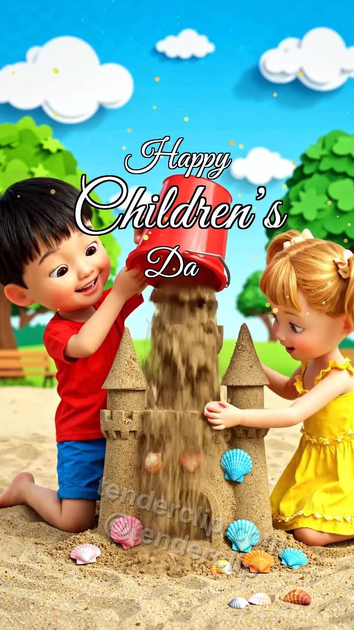 Animated greeting card about Happy Children’s Day: children build a sandcastle