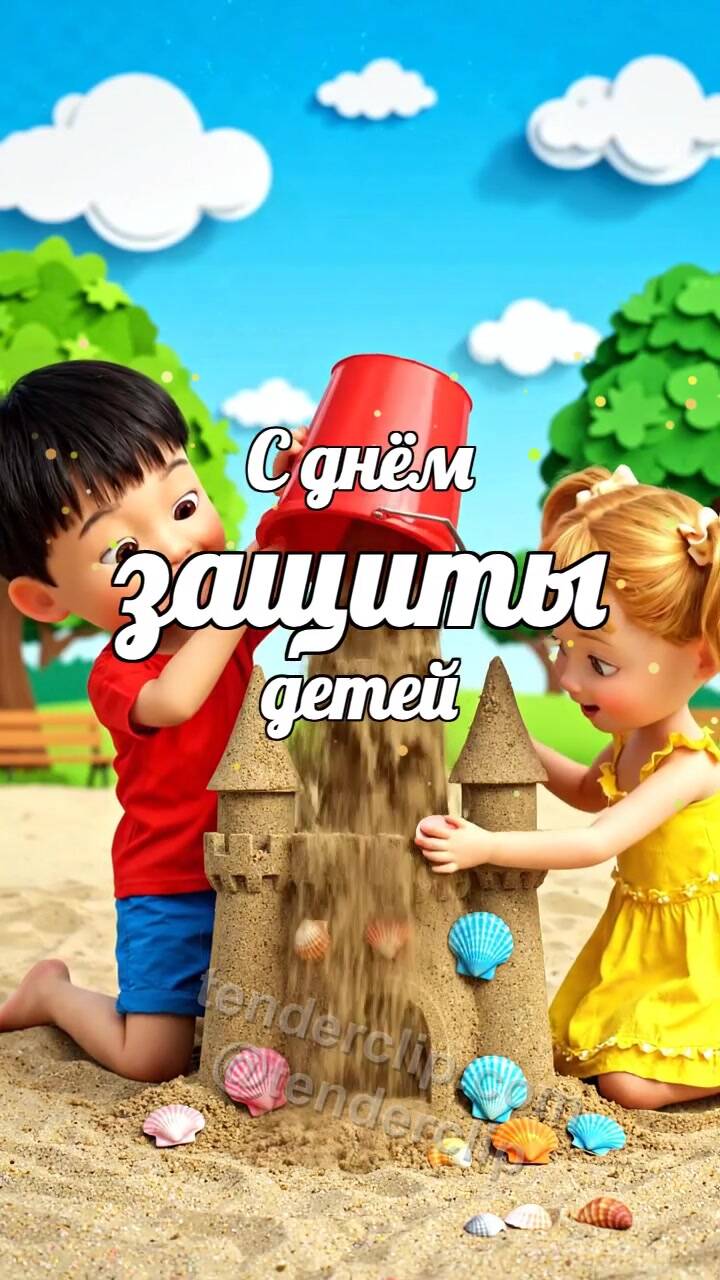 Анимационная открытка на тему С днём защиты детей: дети строят замок в песочнице