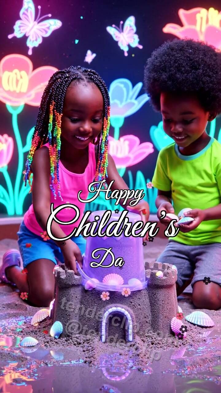 Animated greeting card about Happy Children’s Day: children build a sandcastle