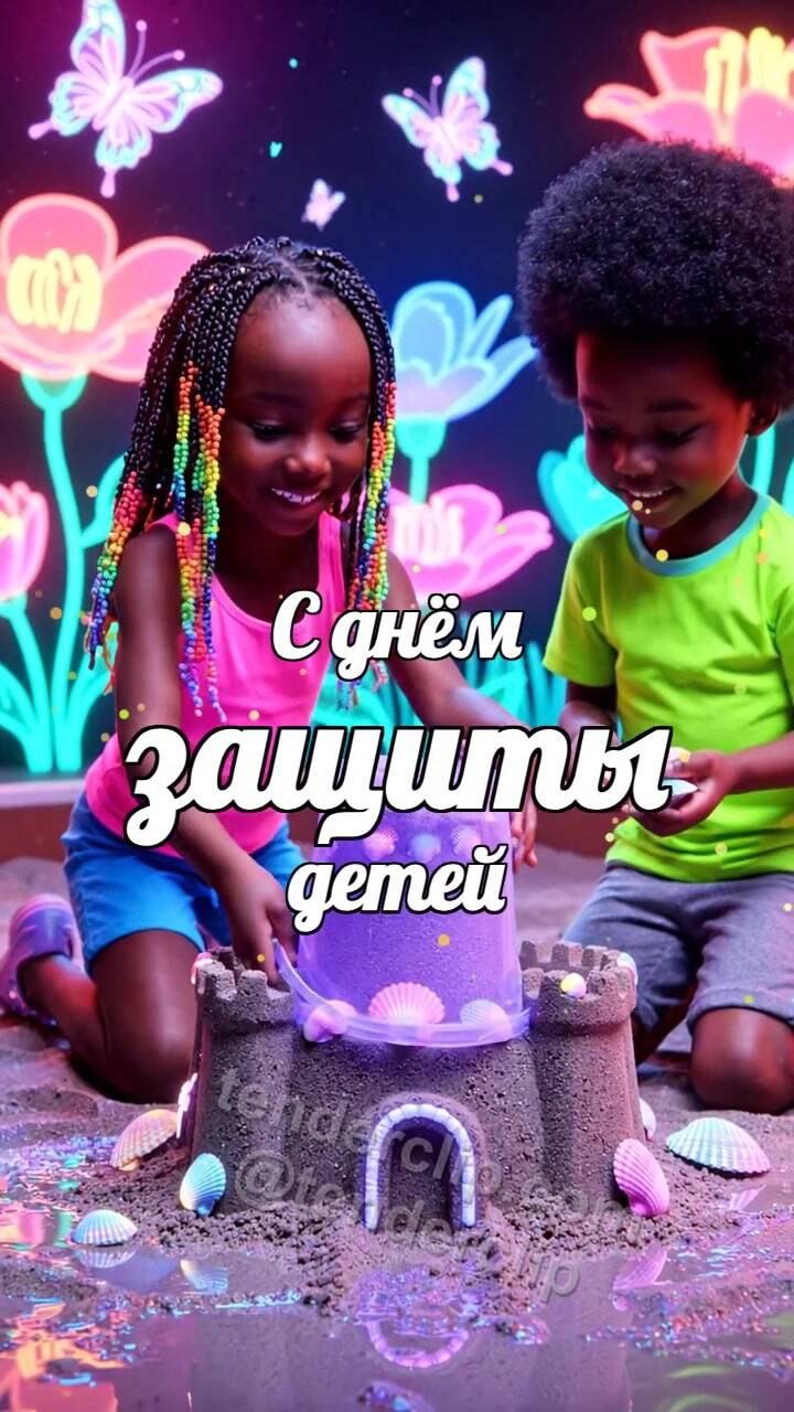 Анимационная открытка на тему С днём защиты детей: дети строят замок в песочнице