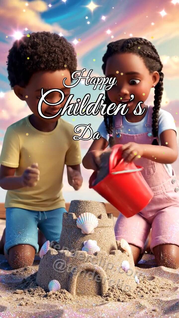 Animated greeting card about Happy Children’s Day: children build a sandcastle
