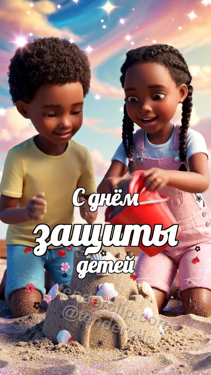 Анимационная открытка на тему С днём защиты детей: дети строят замок в песочнице