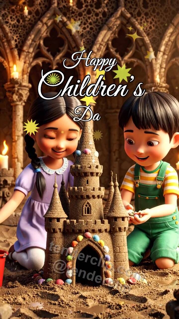 Animated greeting card about Happy Children’s Day: children build a sandcastle